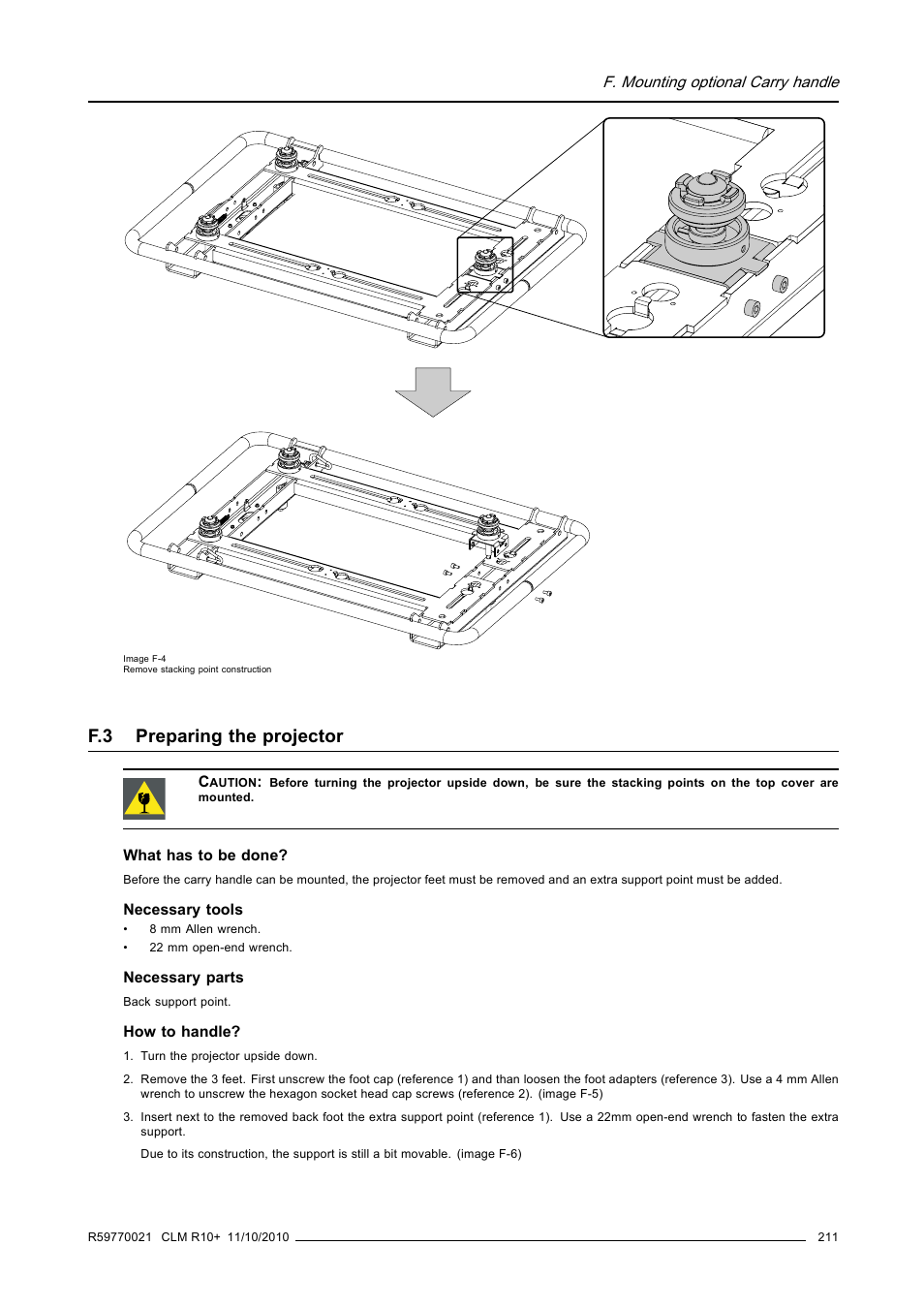 F.3 preparing the projector, Preparing the projector | Barco CLM R10+ User Manual | Page 215 / 229