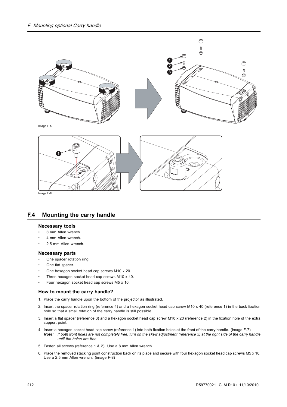 F.4 mounting the carry handle, Mounting the carry handle, F. mounting optional carry handle | Barco CLM R10+ User Manual | Page 216 / 229