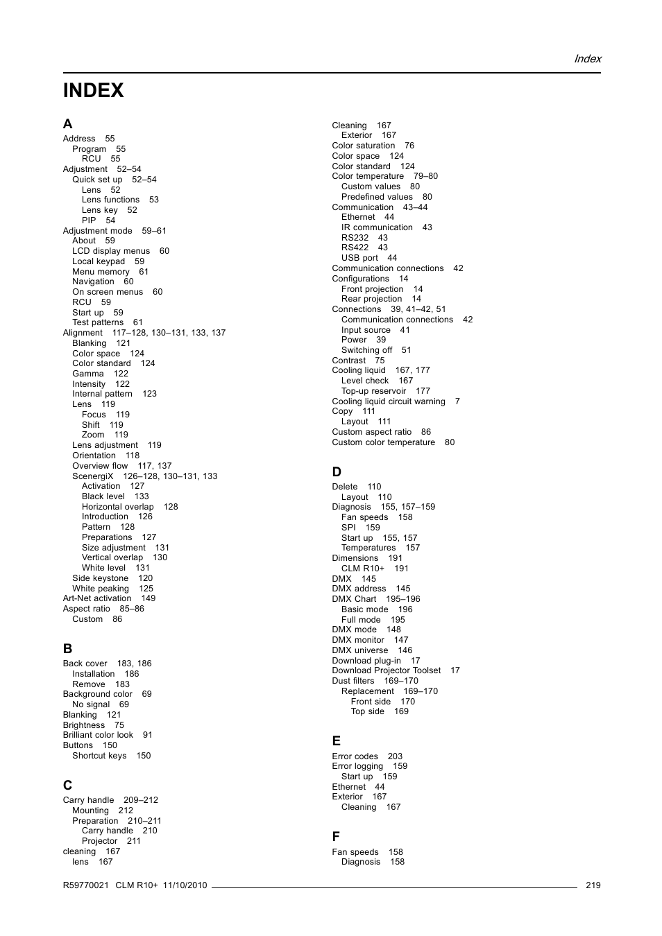 Index | Barco CLM R10+ User Manual | Page 223 / 229