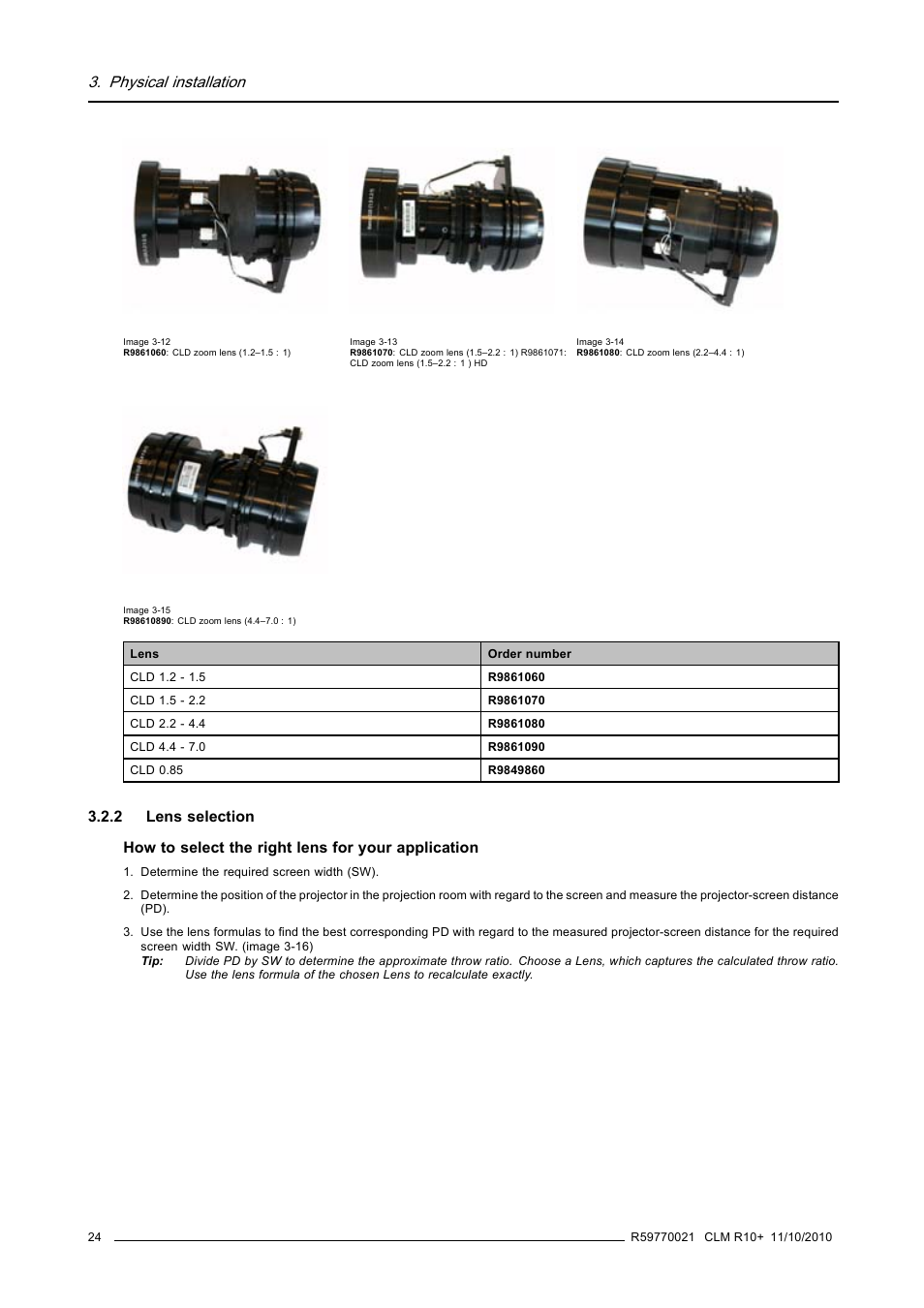 2 lens selection, Lens selection, Physical installation | Barco CLM R10+ User Manual | Page 28 / 229