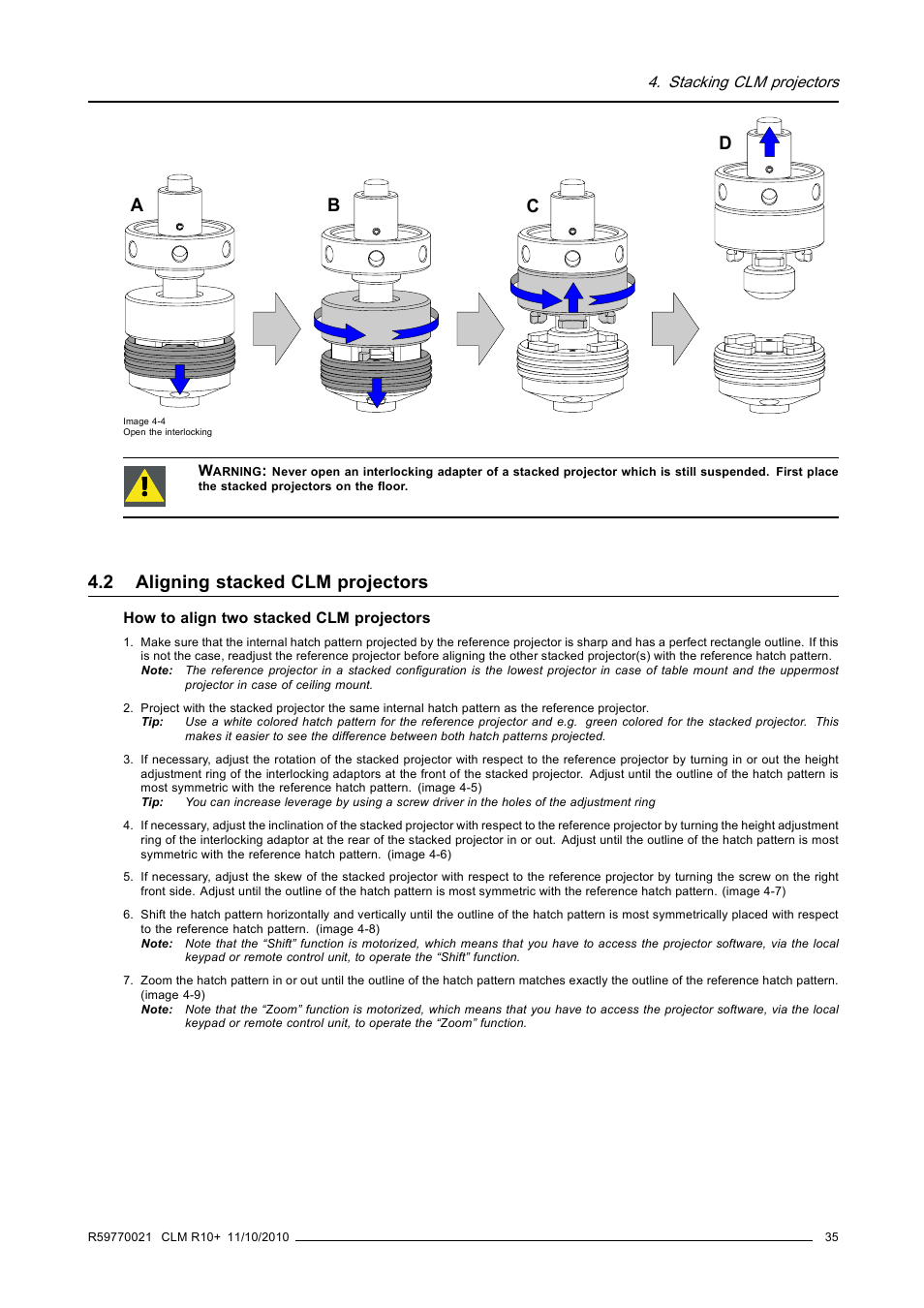 2 aligning stacked clm projectors, Aligning stacked clm projectors, Dc b a | Barco CLM R10+ User Manual | Page 39 / 229