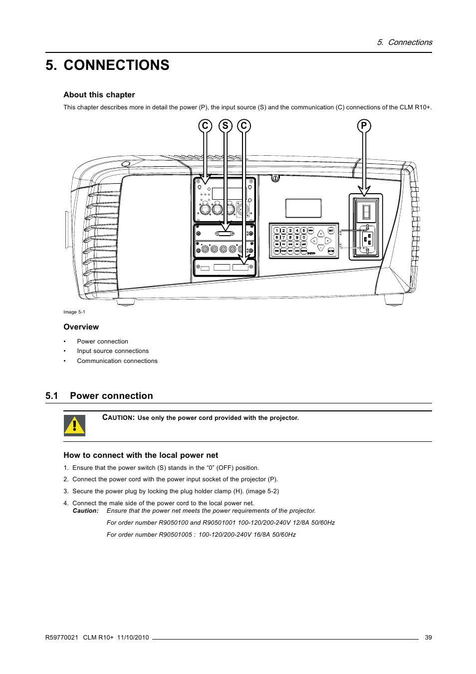 Connections, 1 power connection, Power connection | Cs p c | Barco CLM R10+ User Manual | Page 43 / 229