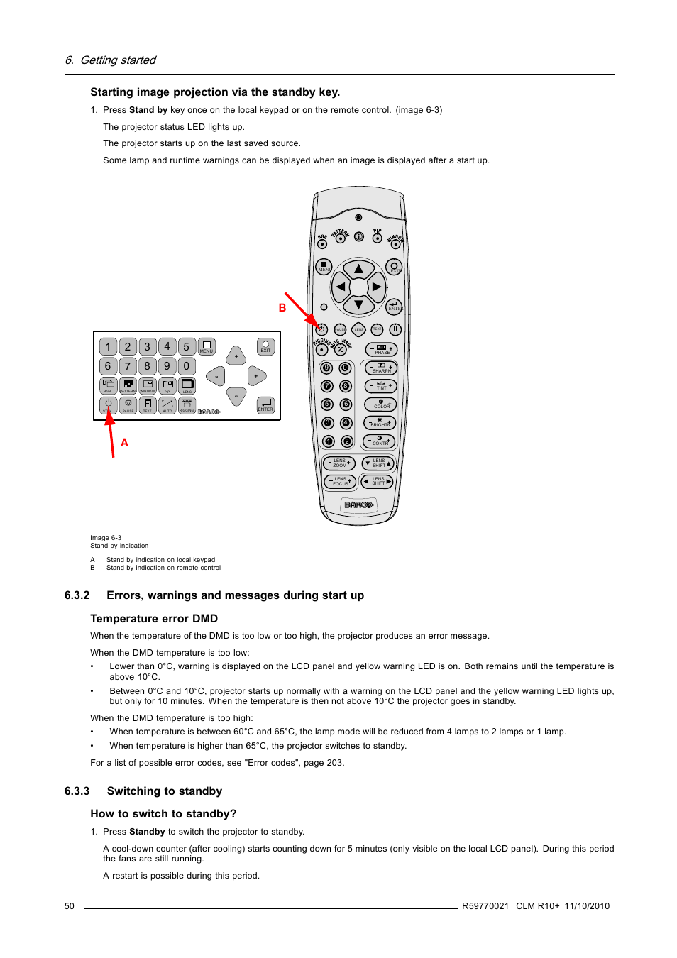 2 errors, warnings and messages during start up, 3 switching to standby, Errors, warnings and messages during start up | Switching to standby, Getting started, Starting image projection via the standby key, 3 switching to standby how to switch to standby | Barco CLM R10+ User Manual | Page 54 / 229