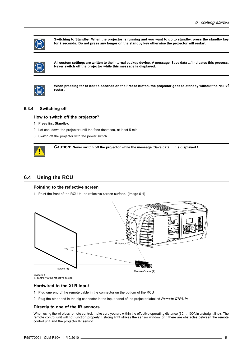 4 switching off, 4 using the rcu, Switching off | Using the rcu | Barco CLM R10+ User Manual | Page 55 / 229