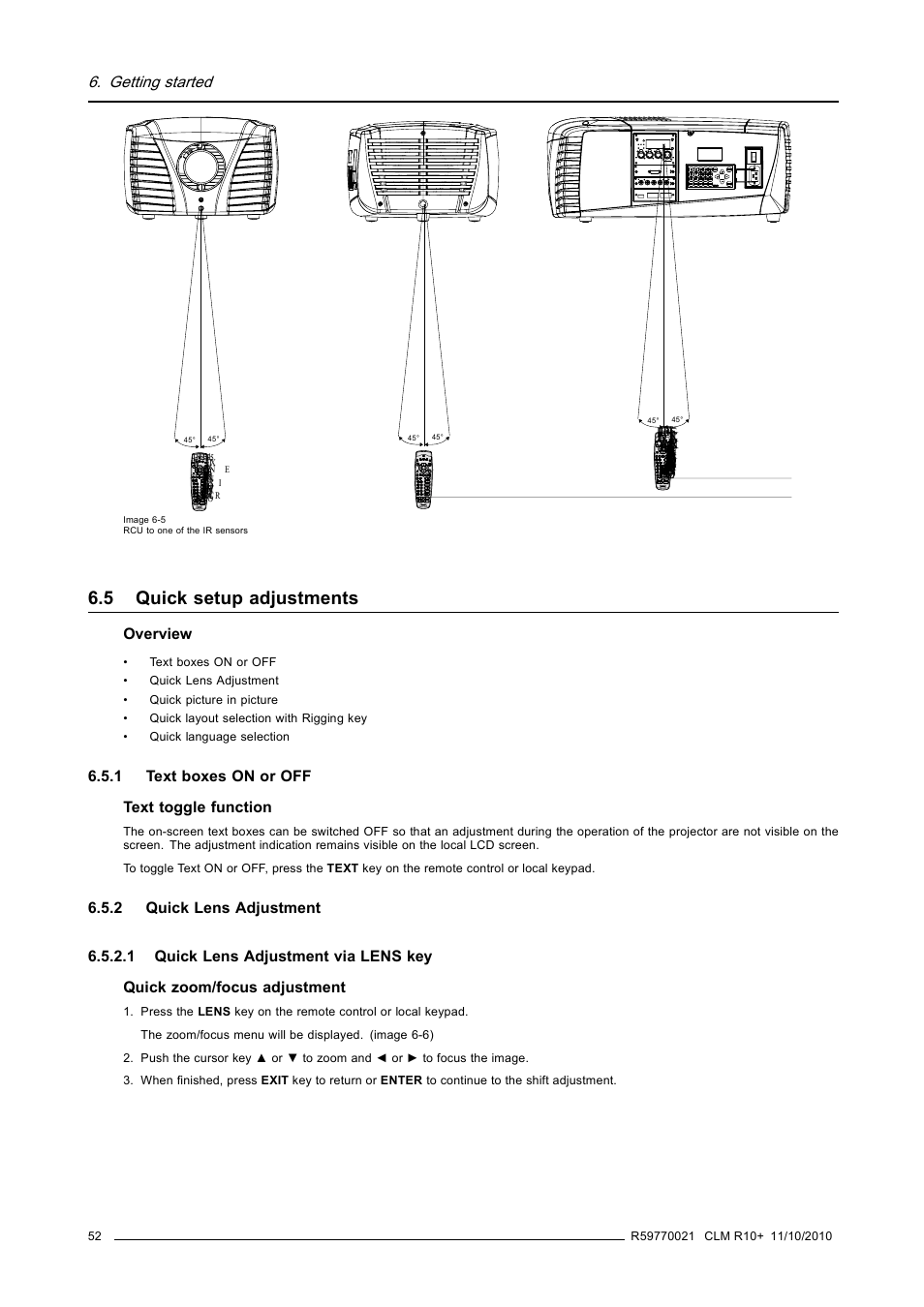 5 quick setup adjustments, 1 text boxes on or off, 2 quick lens adjustment | 1 quick lens adjustment via lens key, Quick setup adjustments, Text boxes on or off, Quick lens adjustment, Quick lens adjustment via lens key | Barco CLM R10+ User Manual | Page 56 / 229