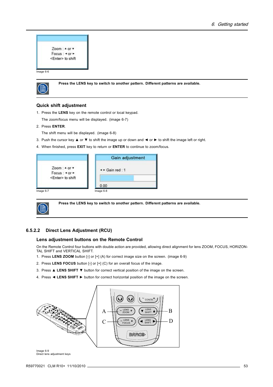 2 direct lens adjustment (rcu), Direct lens adjustment (rcu), Image 6-6) | Ac b d, Getting started | Barco CLM R10+ User Manual | Page 57 / 229