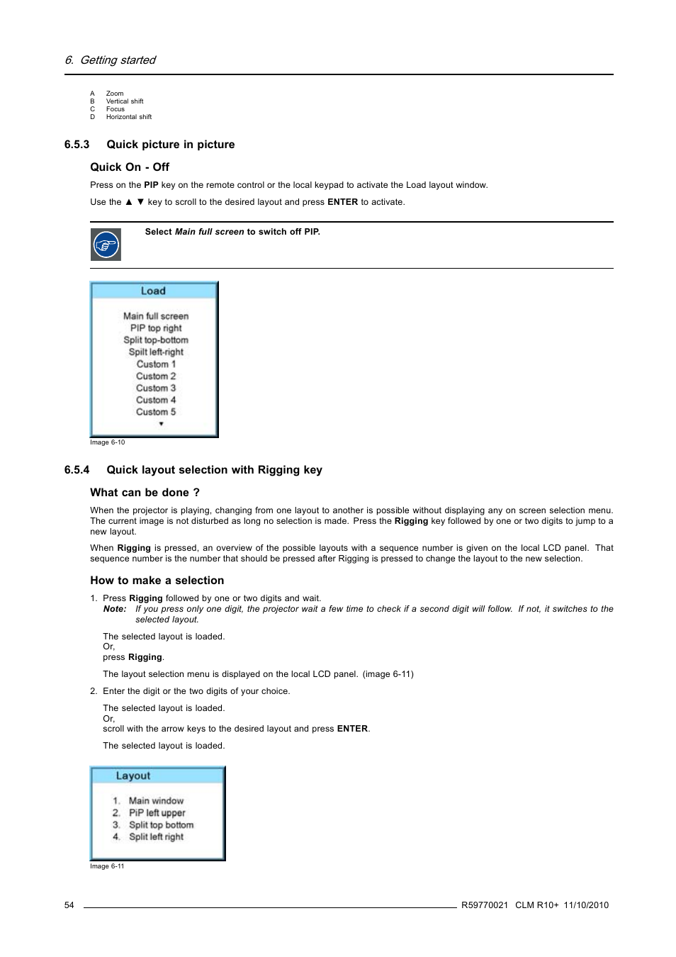 3 quick picture in picture, 4 quick layout selection with rigging key, Quick picture in picture | Quick layout selection with rigging key, Getting started | Barco CLM R10+ User Manual | Page 58 / 229