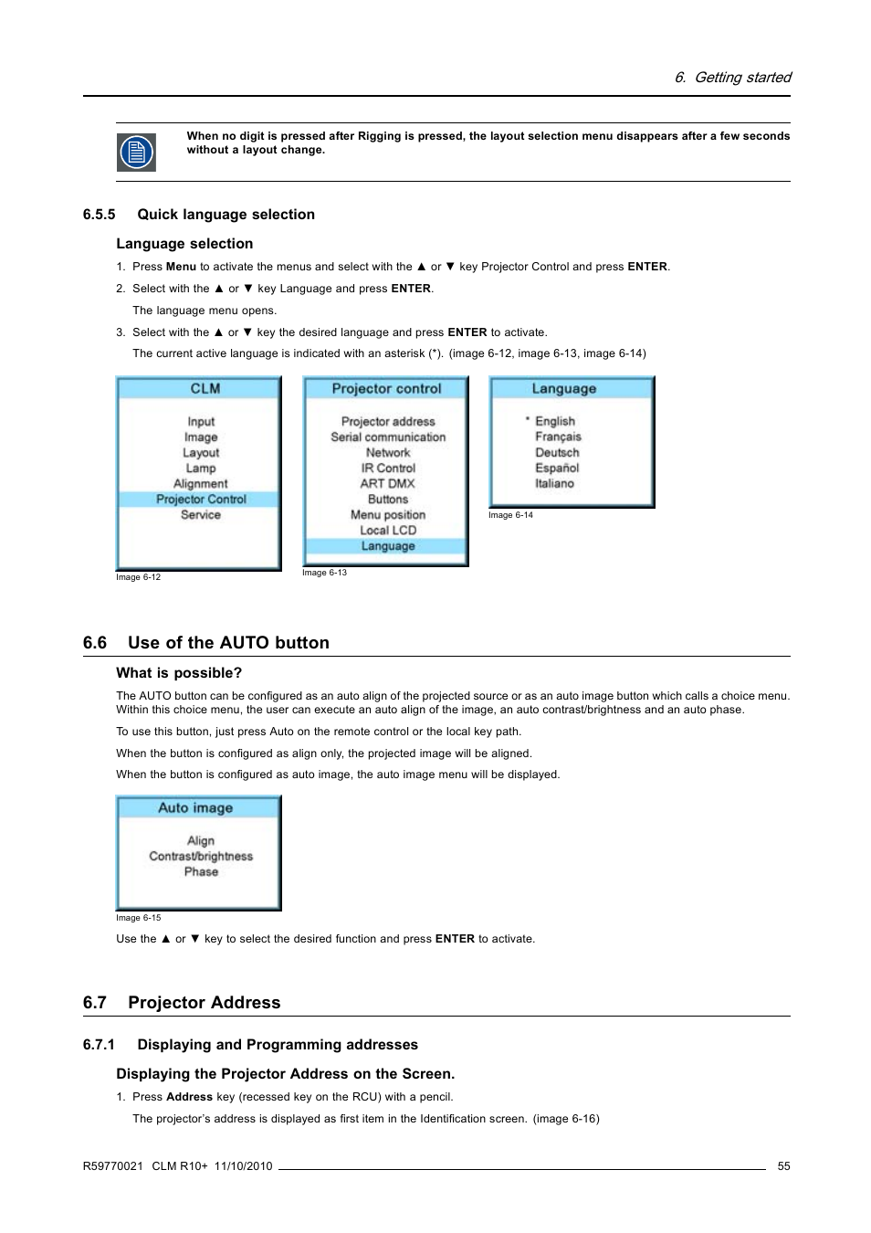 5 quick language selection, 6 use of the auto button, 7 projector address | 1 displaying and programming addresses, Quick language selection, Use of the auto button, Projector address, Displaying and programming addresses | Barco CLM R10+ User Manual | Page 59 / 229