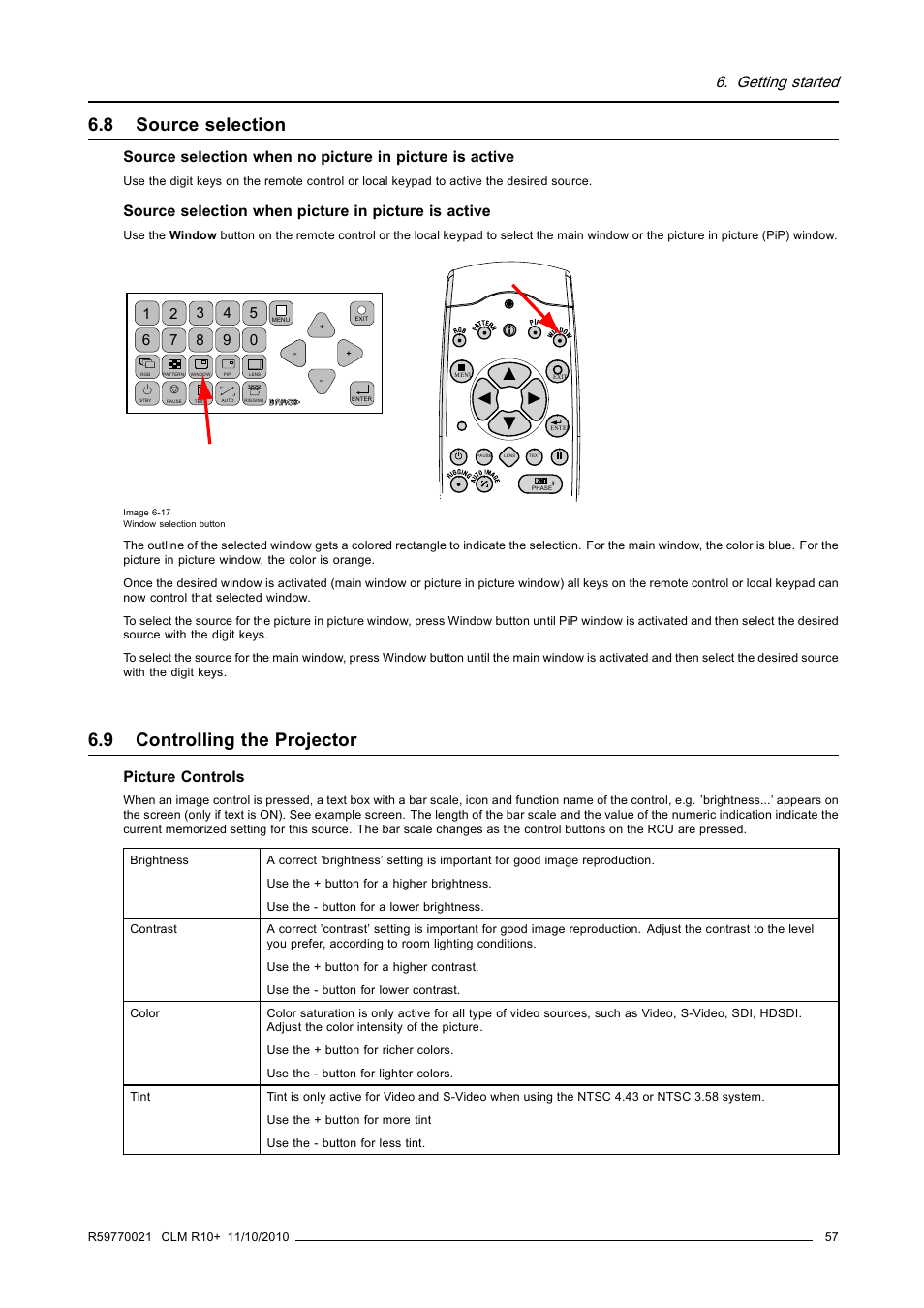 8 source selection, 9 controlling the projector, Source selection | Controlling the projector, Getting started, Source selection when picture in picture is active, Picture controls | Barco CLM R10+ User Manual | Page 61 / 229