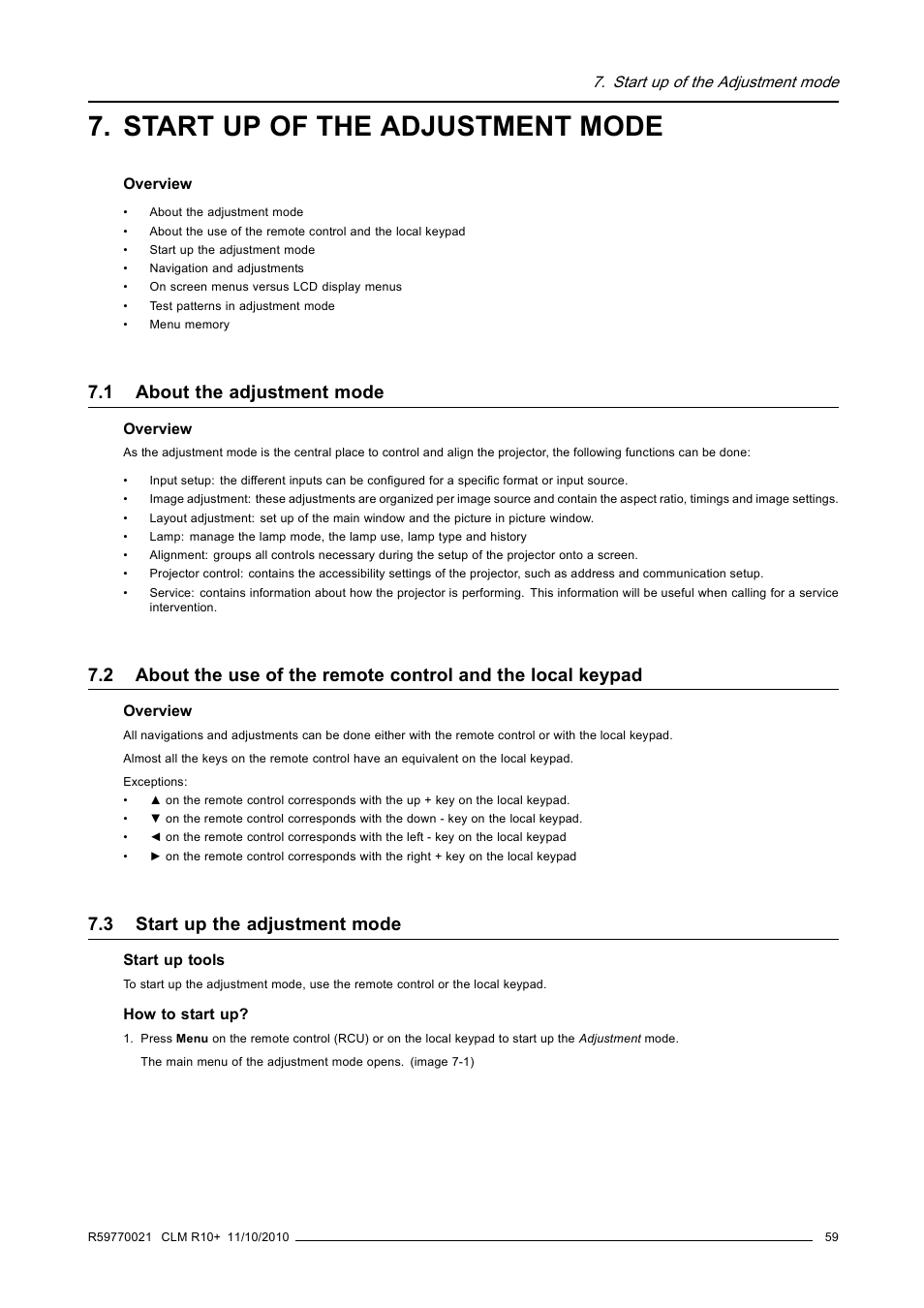 Start up of the adjustment mode, 1 about the adjustment mode, 3 start up the adjustment mode | About the adjustment mode, Start up the adjustment mode | Barco CLM R10+ User Manual | Page 63 / 229