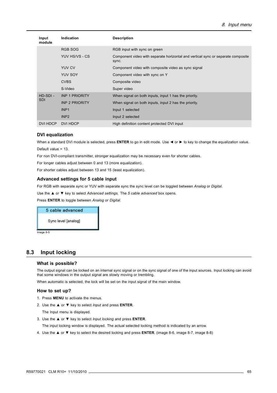 3 input locking, Input locking, Input menu | Barco CLM R10+ User Manual | Page 69 / 229