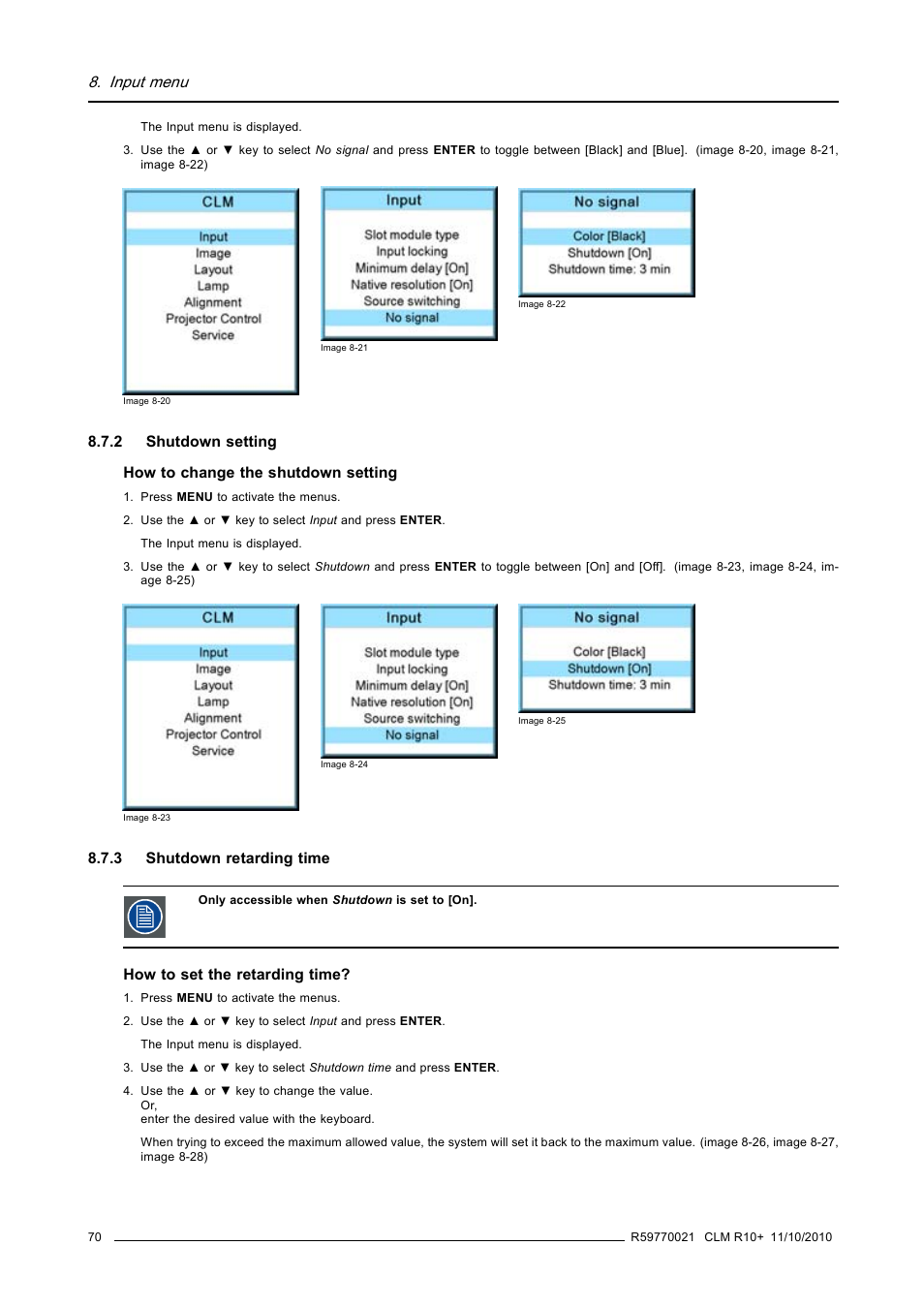 2 shutdown setting, 3 shutdown retarding time, Shutdown setting | Shutdown retarding time, Input menu | Barco CLM R10+ User Manual | Page 74 / 229