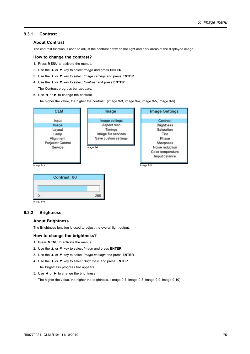 1 contrast, 2 brightness, Contrast | Brightness, Image menu | Barco CLM R10+ User Manual | Page 79 / 229