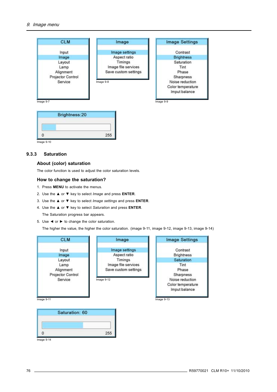 3 saturation, Saturation, Image menu | Barco CLM R10+ User Manual | Page 80 / 229