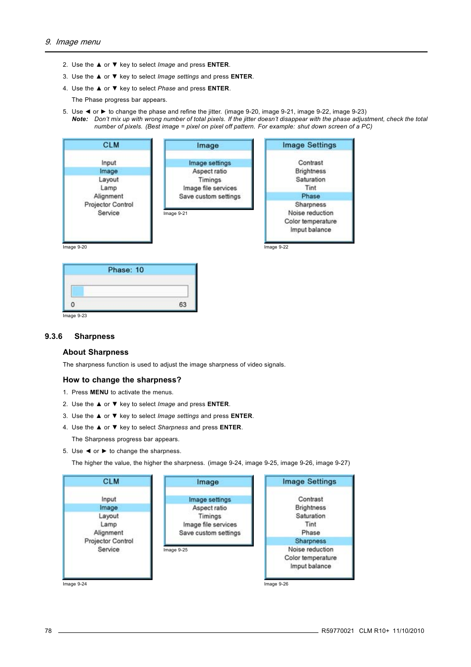 6 sharpness, Sharpness, Image menu | Barco CLM R10+ User Manual | Page 82 / 229