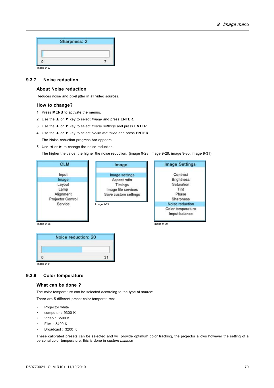 7 noise reduction, 8 color temperature, Noise reduction | Color temperature, Image menu | Barco CLM R10+ User Manual | Page 83 / 229