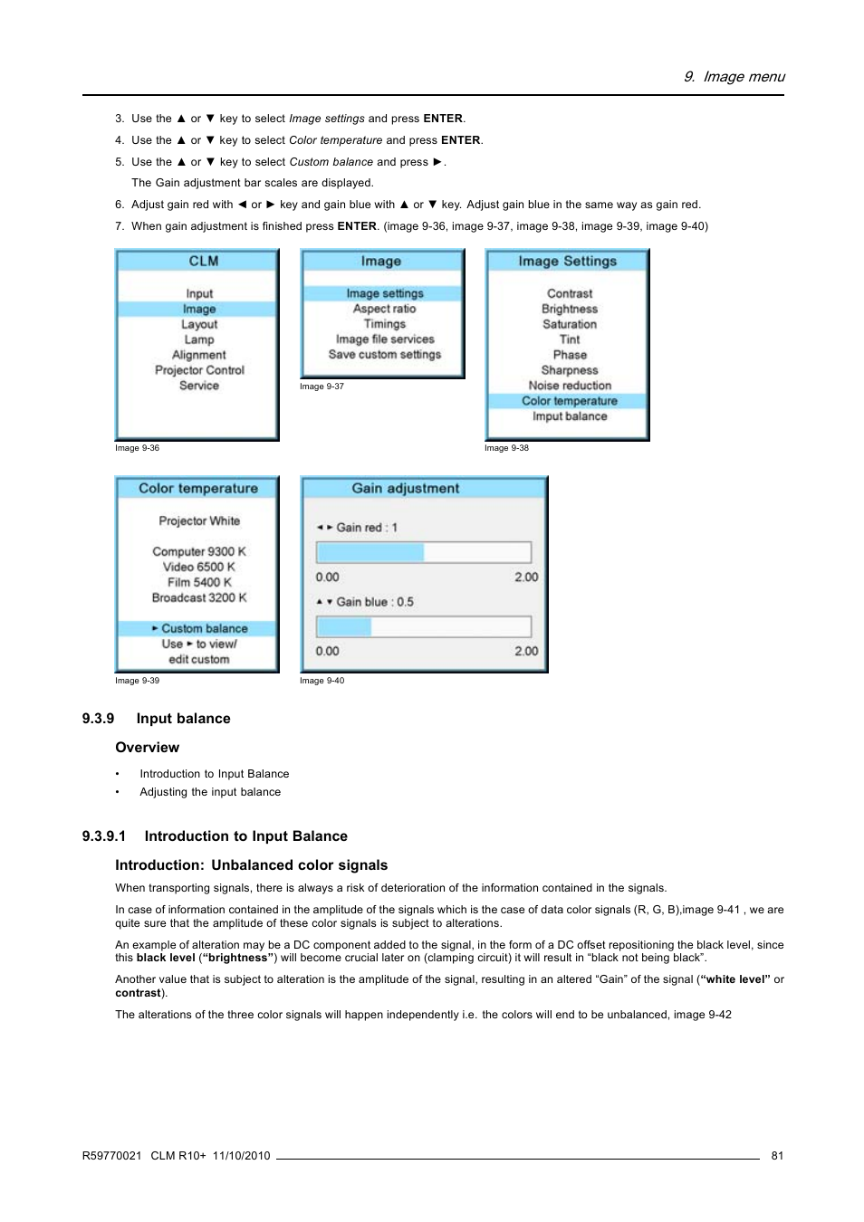 9 input balance, 1 introduction to input balance, Input balance | Introduction to input balance, Image menu | Barco CLM R10+ User Manual | Page 85 / 229