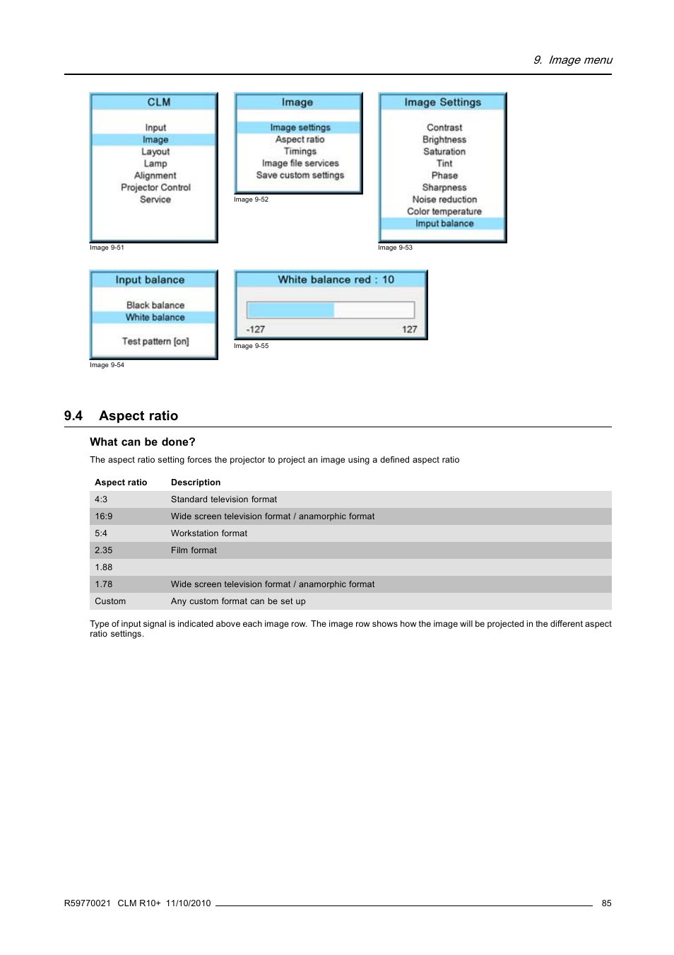 4 aspect ratio, Aspect ratio, Image menu | Barco CLM R10+ User Manual | Page 89 / 229