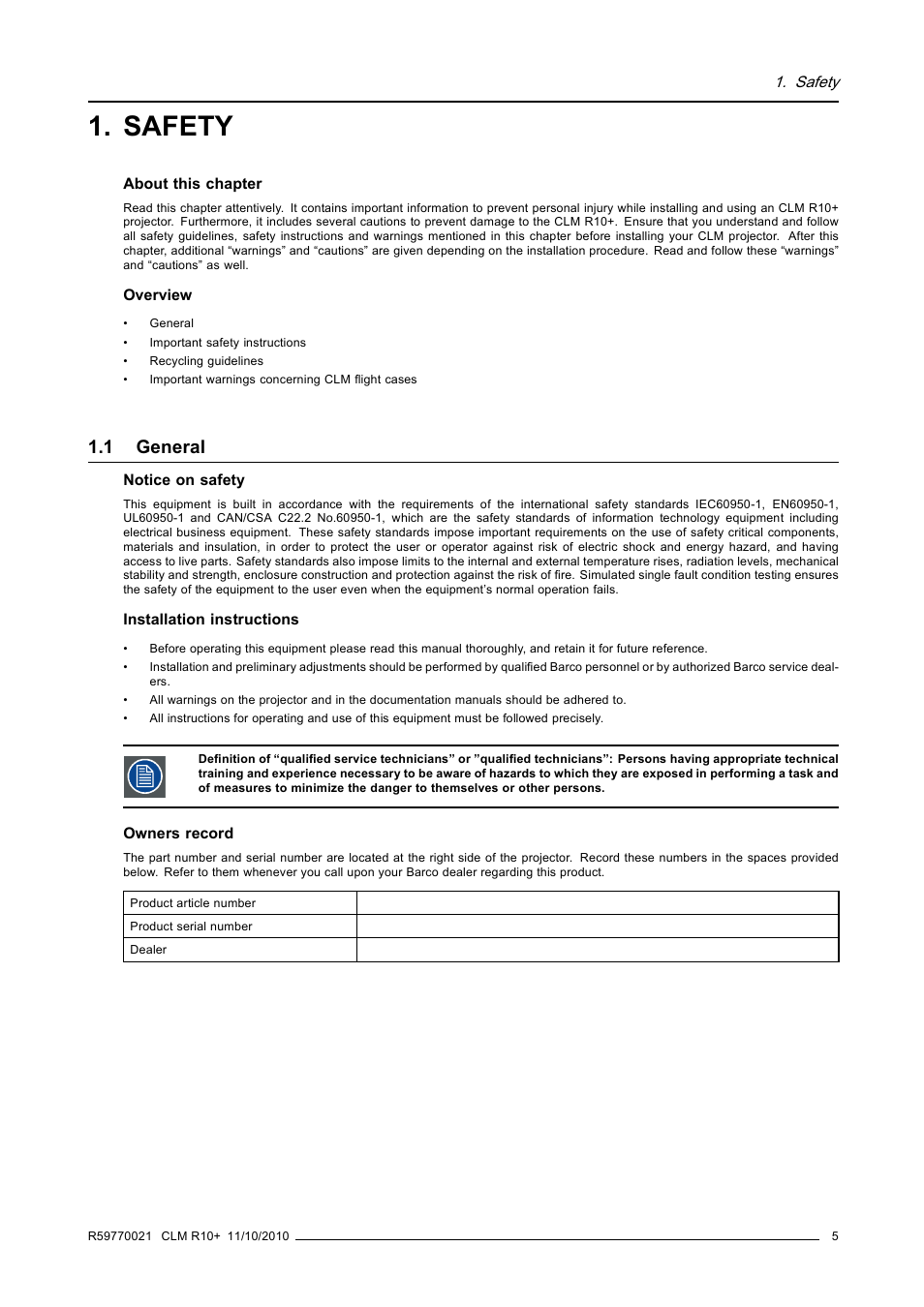 Safety, 1 general, General | Barco CLM R10+ User Manual | Page 9 / 229