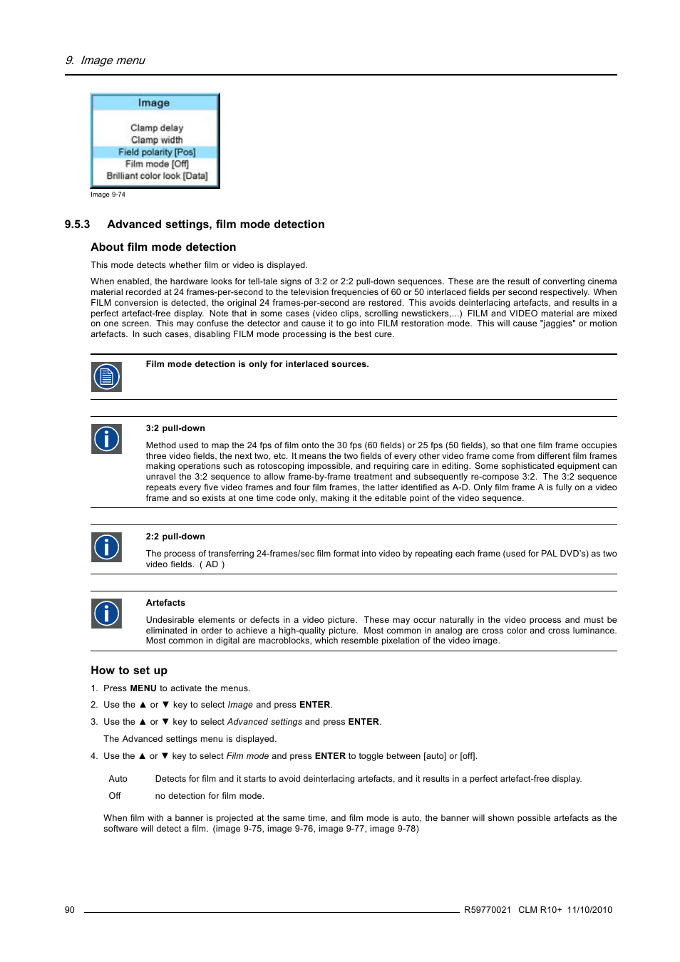 3 advanced settings, film mode detection, Advanced settings, film mode detection, Image 9-74 | Image menu | Barco CLM R10+ User Manual | Page 94 / 229