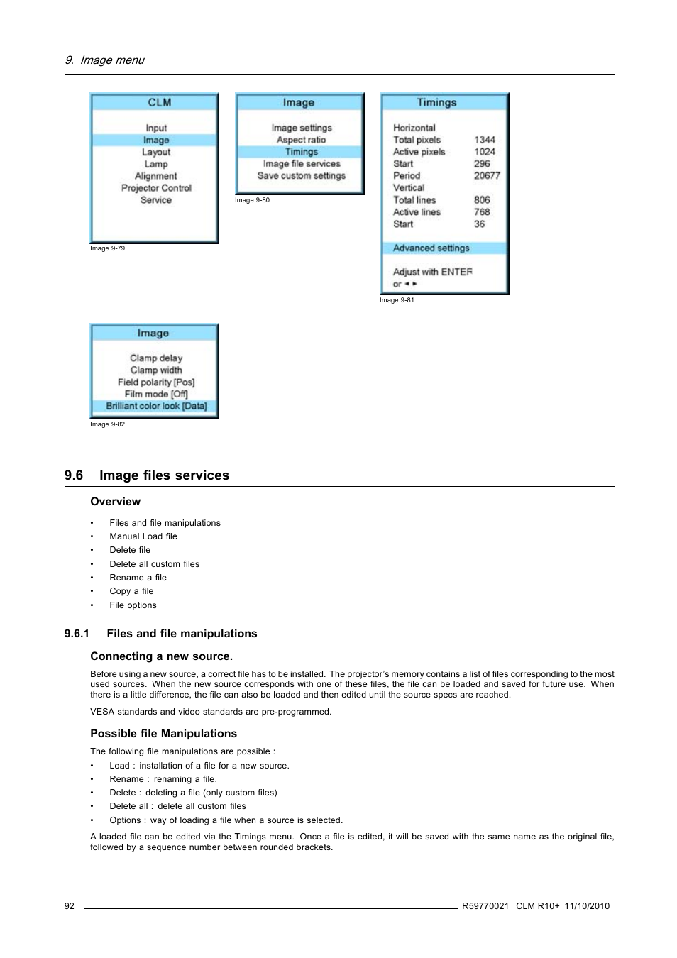 6 image files services, 1 files and file manipulations, Image files services | Files and file manipulations, Image menu | Barco CLM R10+ User Manual | Page 96 / 229