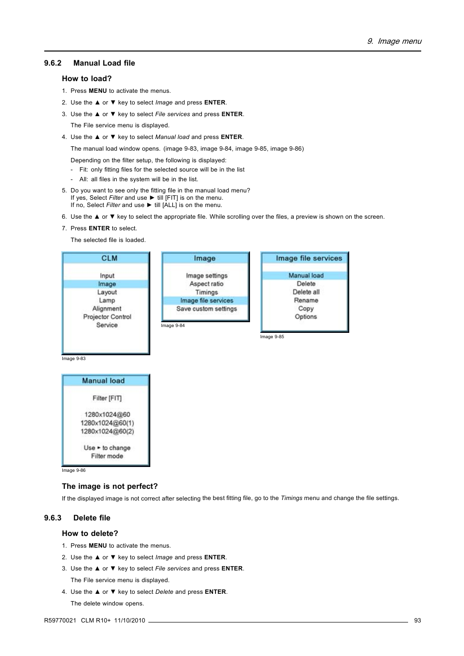 2 manual load file, 3 delete file, Manual load file | Delete file, Image menu | Barco CLM R10+ User Manual | Page 97 / 229