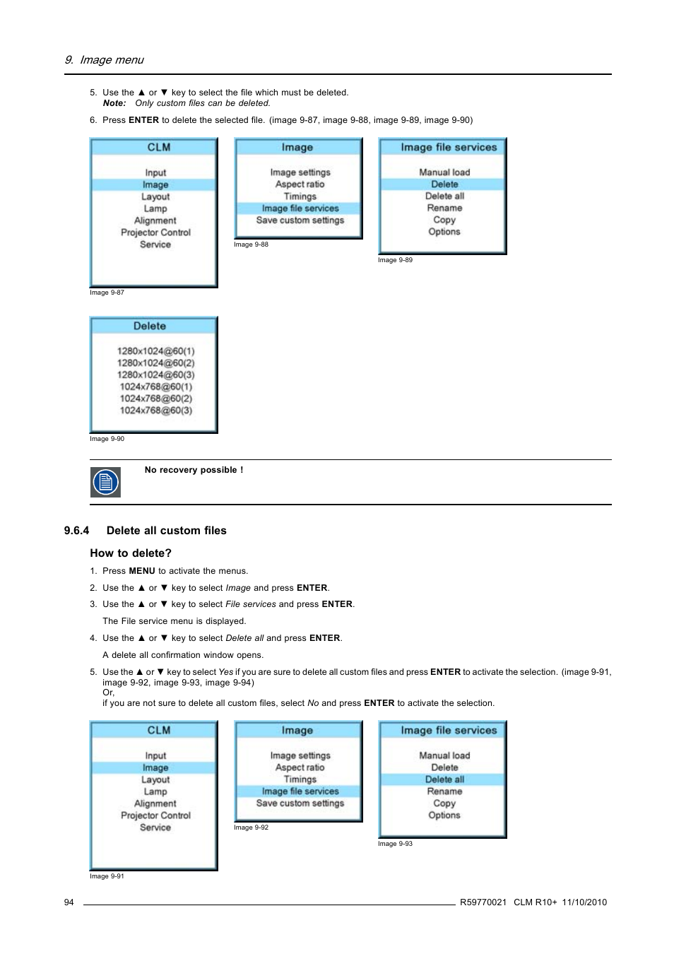 4 delete all custom files, Delete all custom files, Image menu | Barco CLM R10+ User Manual | Page 98 / 229