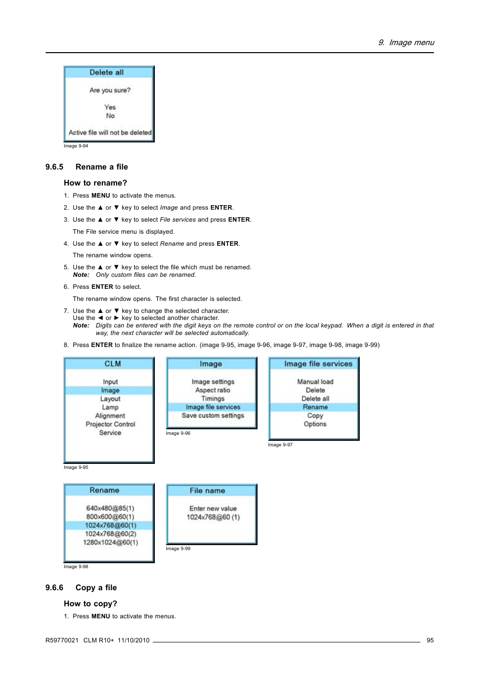 5 rename a file, 6 copy a file, Rename a file | Copy a file, Image 9-94), Image menu | Barco CLM R10+ User Manual | Page 99 / 229