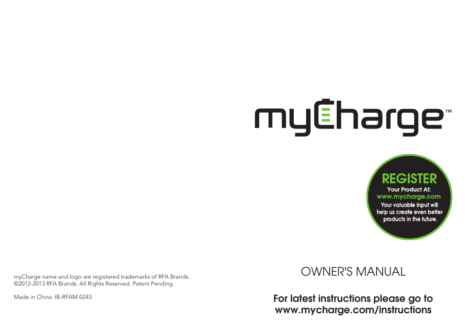 myCharge Freedom 1500 RFAM-0243 User Manual | 8 pages