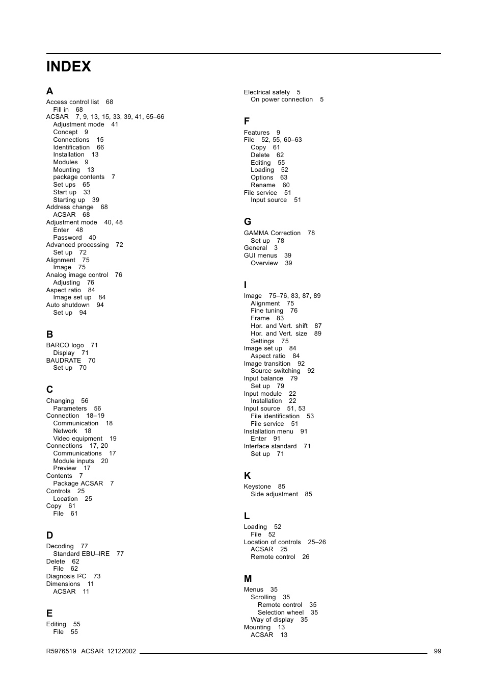 Index | Barco R9806700 User Manual | Page 103 / 105