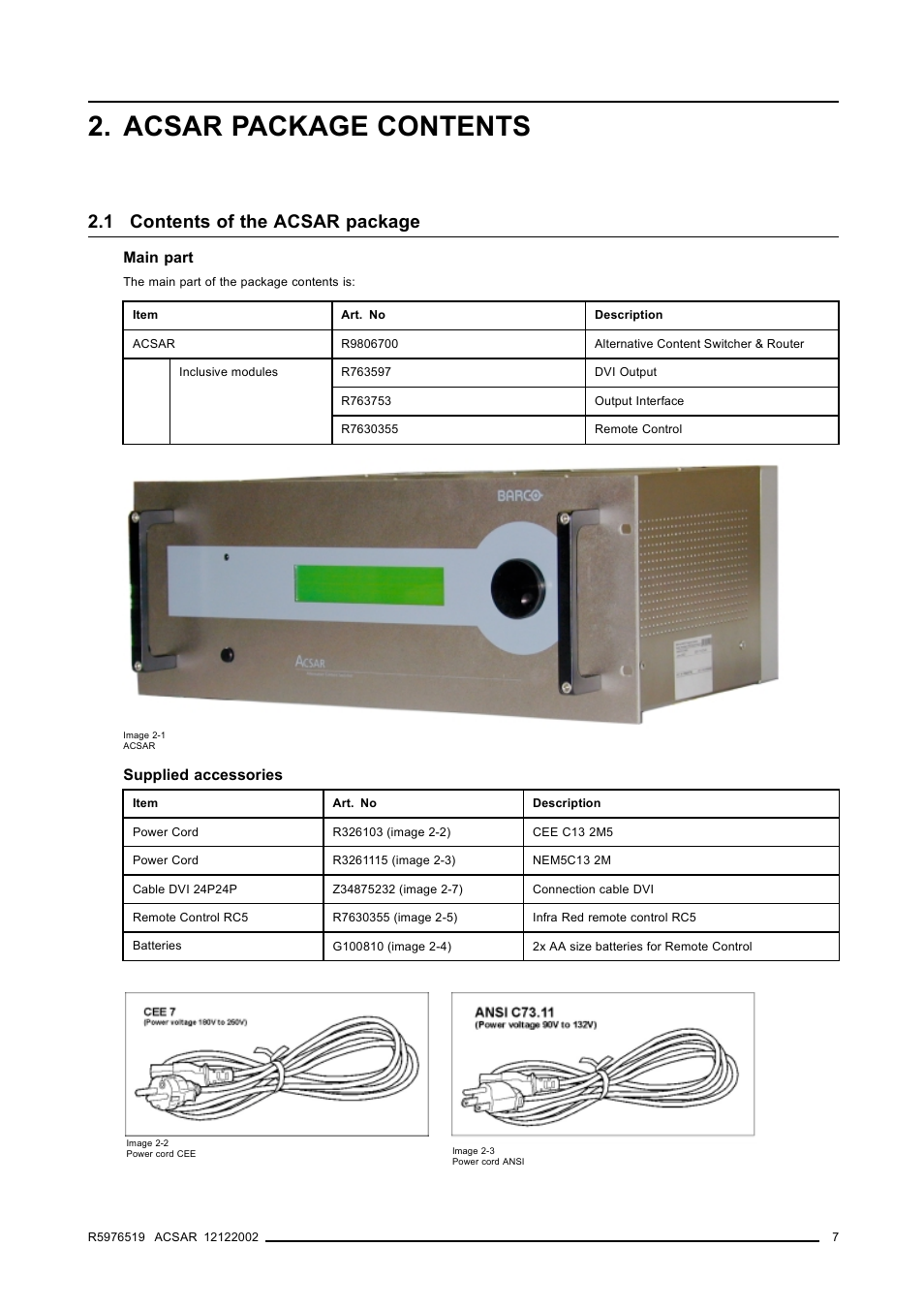 Acsar package contents, 1 contents of the acsar package | Barco R9806700 User Manual | Page 11 / 105