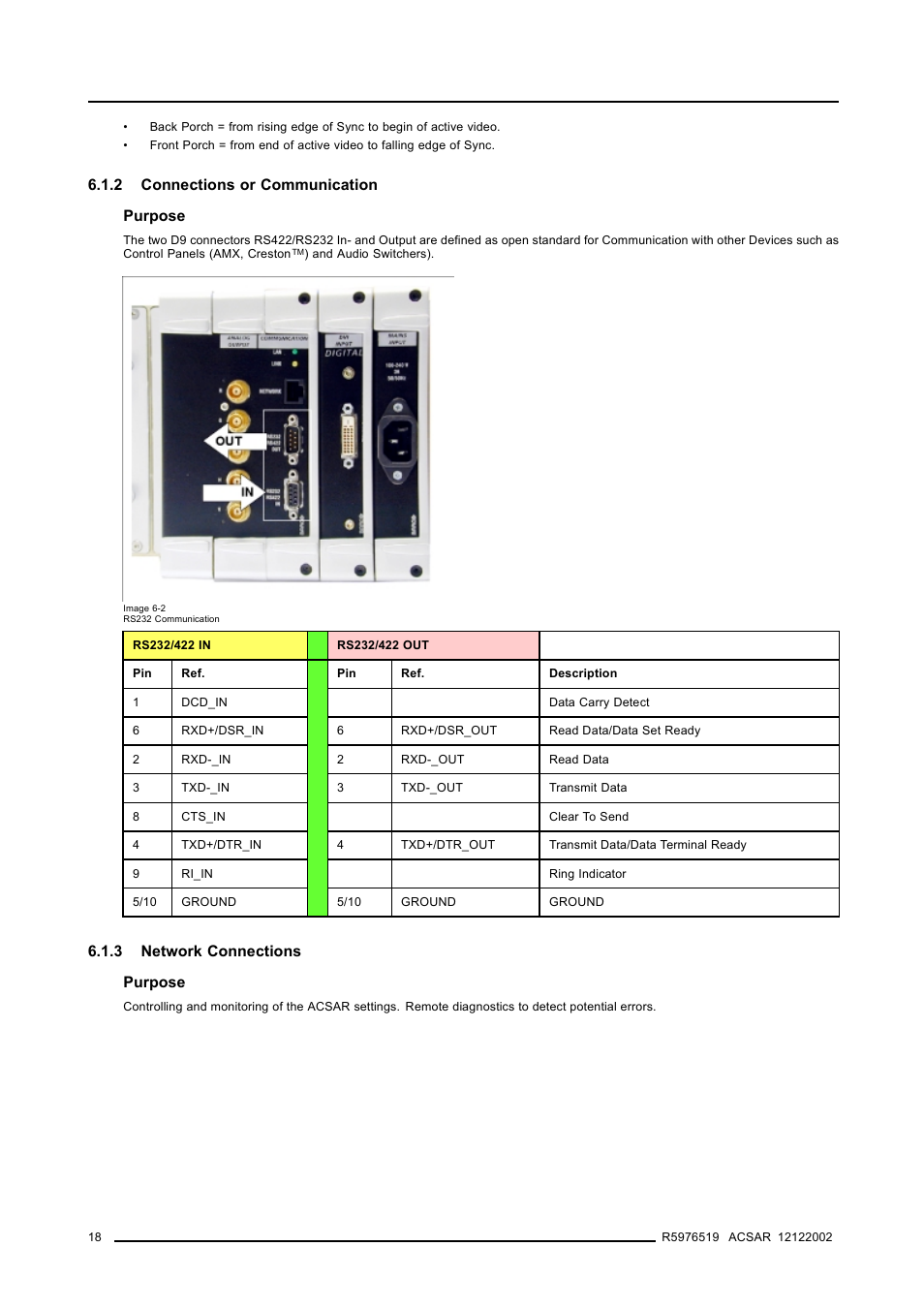 2 connections or communication, 3 network connections, 18 6.1.3 network connections | Barco R9806700 User Manual | Page 22 / 105