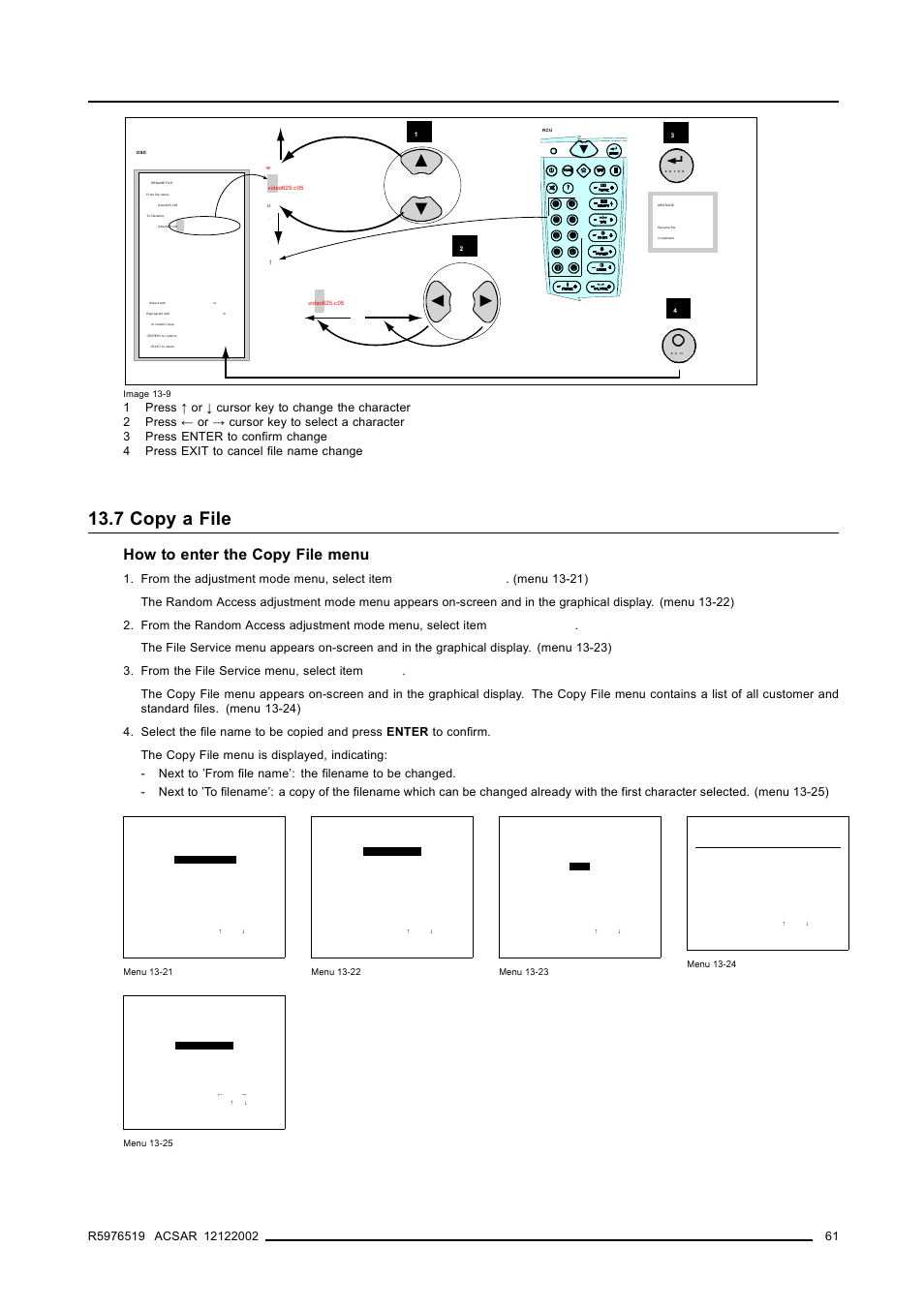 7 copy a file, 7copy a file, Copy a file | Image 13-9), Input source file service, How to enter the copy file menu | Barco R9806700 User Manual | Page 65 / 105