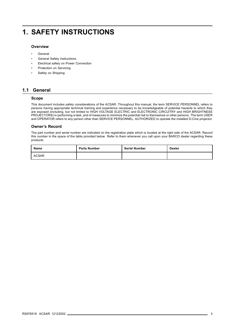 Safety instructions, 1 general | Barco R9806700 User Manual | Page 7 / 105