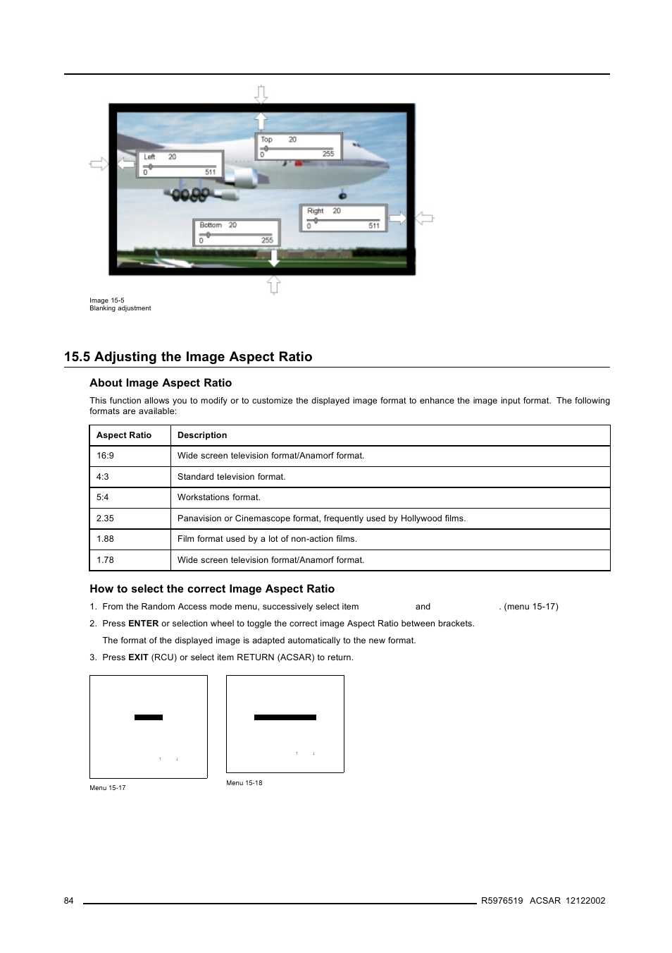 5 adjusting the image aspect ratio, 5adjusting the image aspect ratio, Adjusting the image aspect ratio | Image alignment, About image aspect ratio, How to select the correct image aspect ratio | Barco R9806700 User Manual | Page 88 / 105