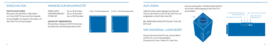 Einschalten, Hinweise zur akkukapazität, Aufladen | Ihr universal-ladegerät | Native Union Switch Speaker User Manual | Page 13 / 59