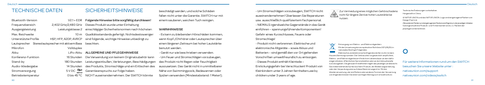 Sicherheitshinweise, Technische daten | Native Union Switch Speaker User Manual | Page 16 / 59