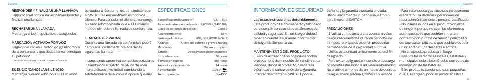 Especificaciones, Información de seguridad | Native Union Switch Speaker User Manual | Page 20 / 59