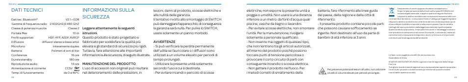 Informazioni sulla sicurezza, Dati tecnici | Native Union Switch Speaker User Manual | Page 25 / 59