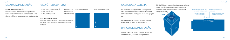 Ligar a alimentação, Vida útil da bateria, Carregar a bateria | Banco de alimentação | Native Union Switch Speaker User Manual | Page 27 / 59