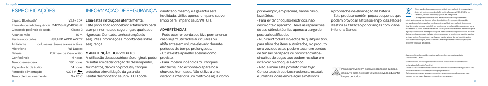 Informação de segurança, Especificações | Native Union Switch Speaker User Manual | Page 30 / 59