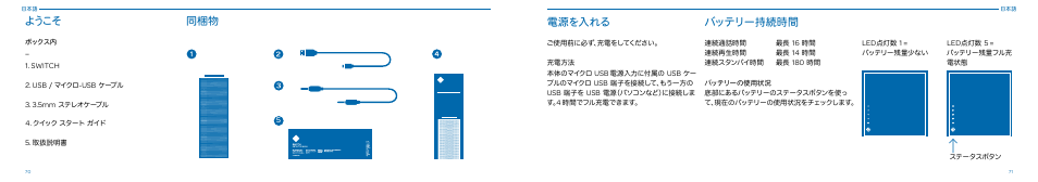 ようこそ 同梱物, 電源を入れる, バッテリー持続時間 | Native Union Switch Speaker User Manual | Page 36 / 59