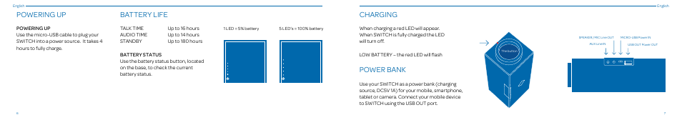 Powering up, Battery life, Charging | Power bank | Native Union Switch Speaker User Manual | Page 4 / 59