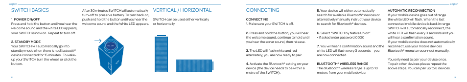 Switch basics, Vertical / horizontal, Connecting | Native Union Switch Speaker User Manual | Page 5 / 59