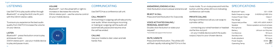 Listening, Communicating, Specifications | Native Union Switch Speaker User Manual | Page 6 / 59