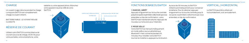 Charge, Réserve de courant, Fonctions de base du switch | Vertical / horizontal | Native Union Switch Speaker User Manual | Page 9 / 59