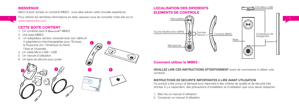 Bienvenue, Cette boite contient, Comment utiliser le mm03 | Localisation des diferents elements de controle | Native Union Curve Bluetooth User Manual | Page 13 / 103