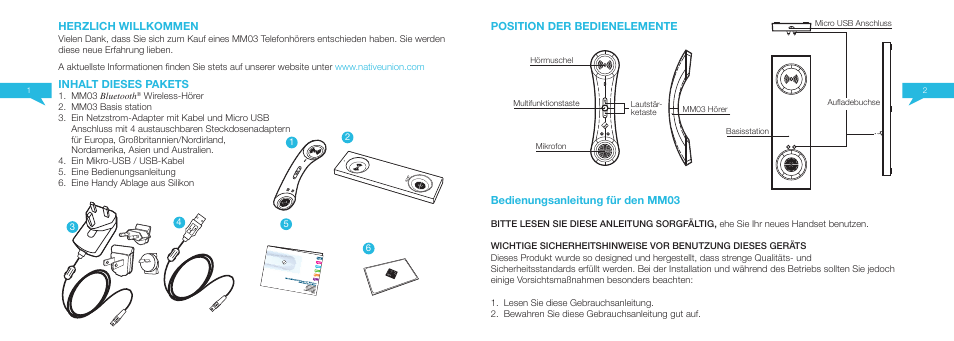 Herzlich willkommen, Inhalt dieses pakets, Bedienungsanleitung für den mm03 | Position der bedienelemente | Native Union Curve Bluetooth User Manual | Page 23 / 103