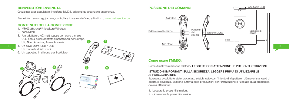 Benvenuto/benvenuta, Contenuti della confezione, Come usare l’mm03 | Posizione dei comandi | Native Union Curve Bluetooth User Manual | Page 43 / 103