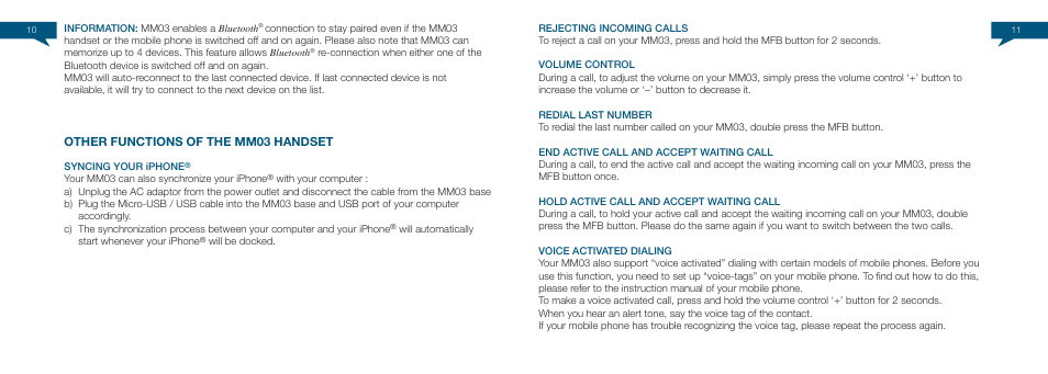 Other functions of the mm03 handset | Native Union Curve Bluetooth User Manual | Page 7 / 103